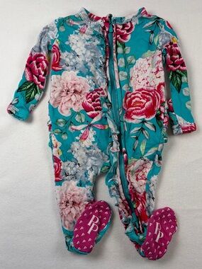 Eloise Posh Peanut Ruffled Newborn NB Zippered Footie Floral Teal